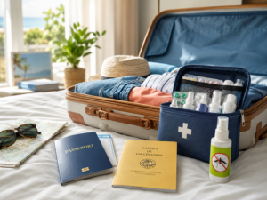 Valise ouverte sur un lit avec trousse de pharmacie, passeport, carnet de vaccination et répulsif anti-moustique, ambiance préparation de voyage