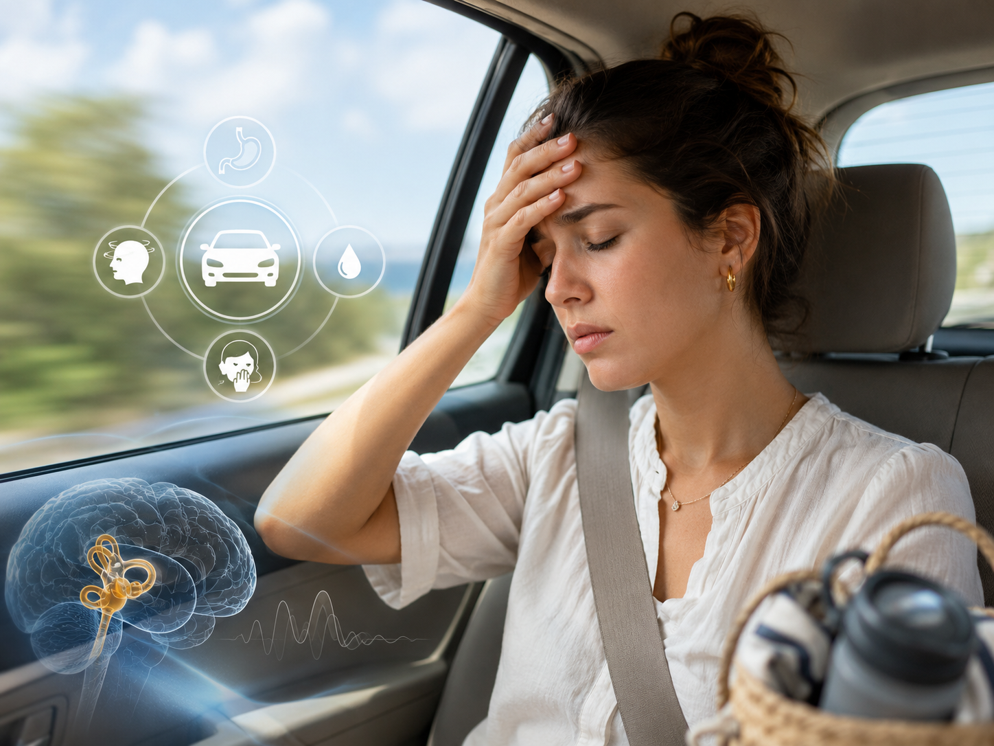 Voyageuse somnolente en voiture, main sur le front, illustrant le mal des transports