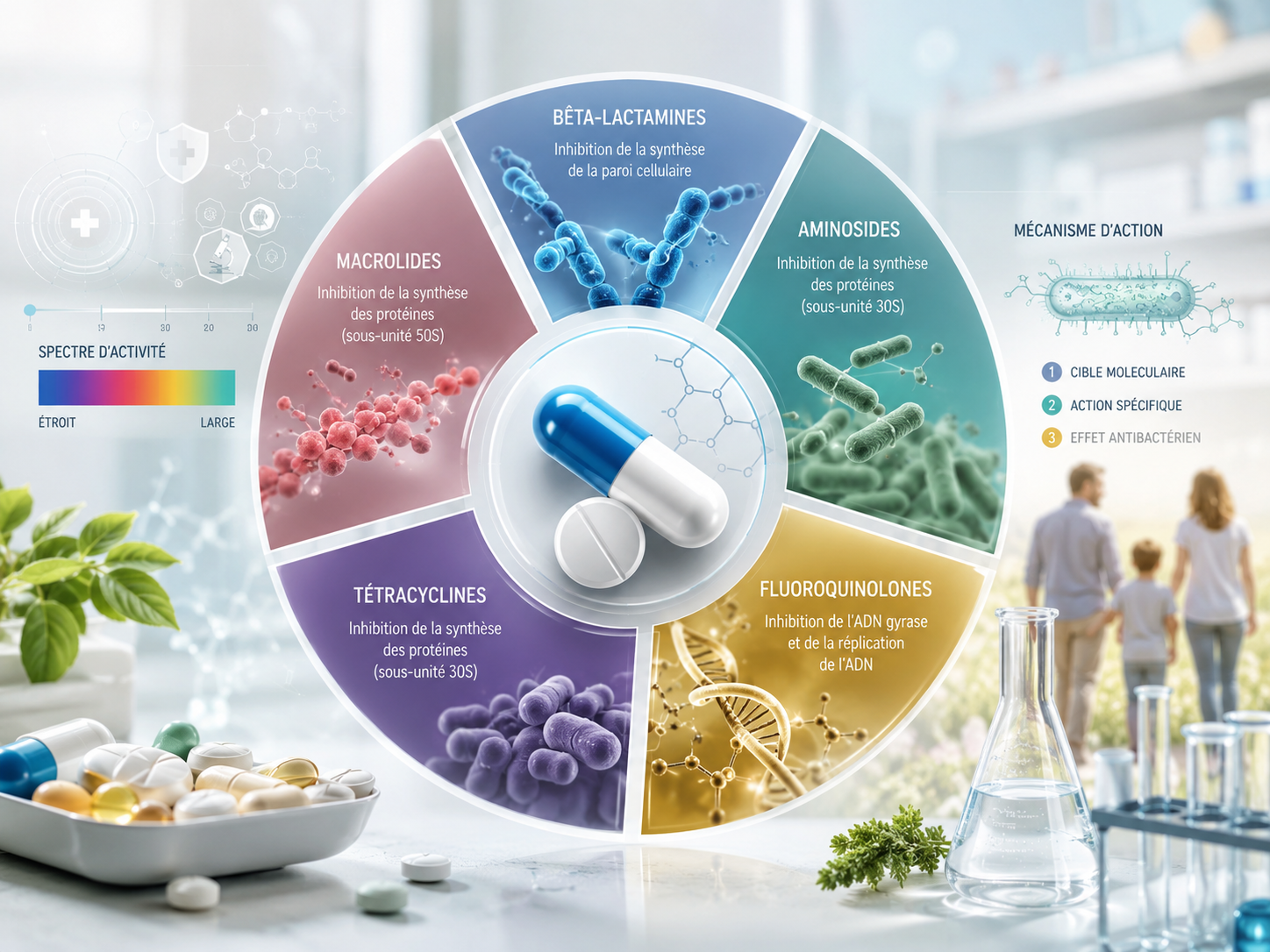 familles antibiotiques spectre activité mécanisme action