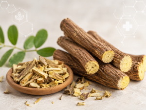 racine de réglisse Glycyrrhiza glabra et rhizomes séchés sur fond neutre