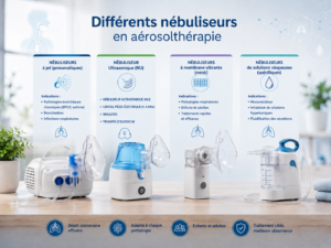 schéma des différents nébuliseurs et leur indication thérapeutique en aérosolthérapie