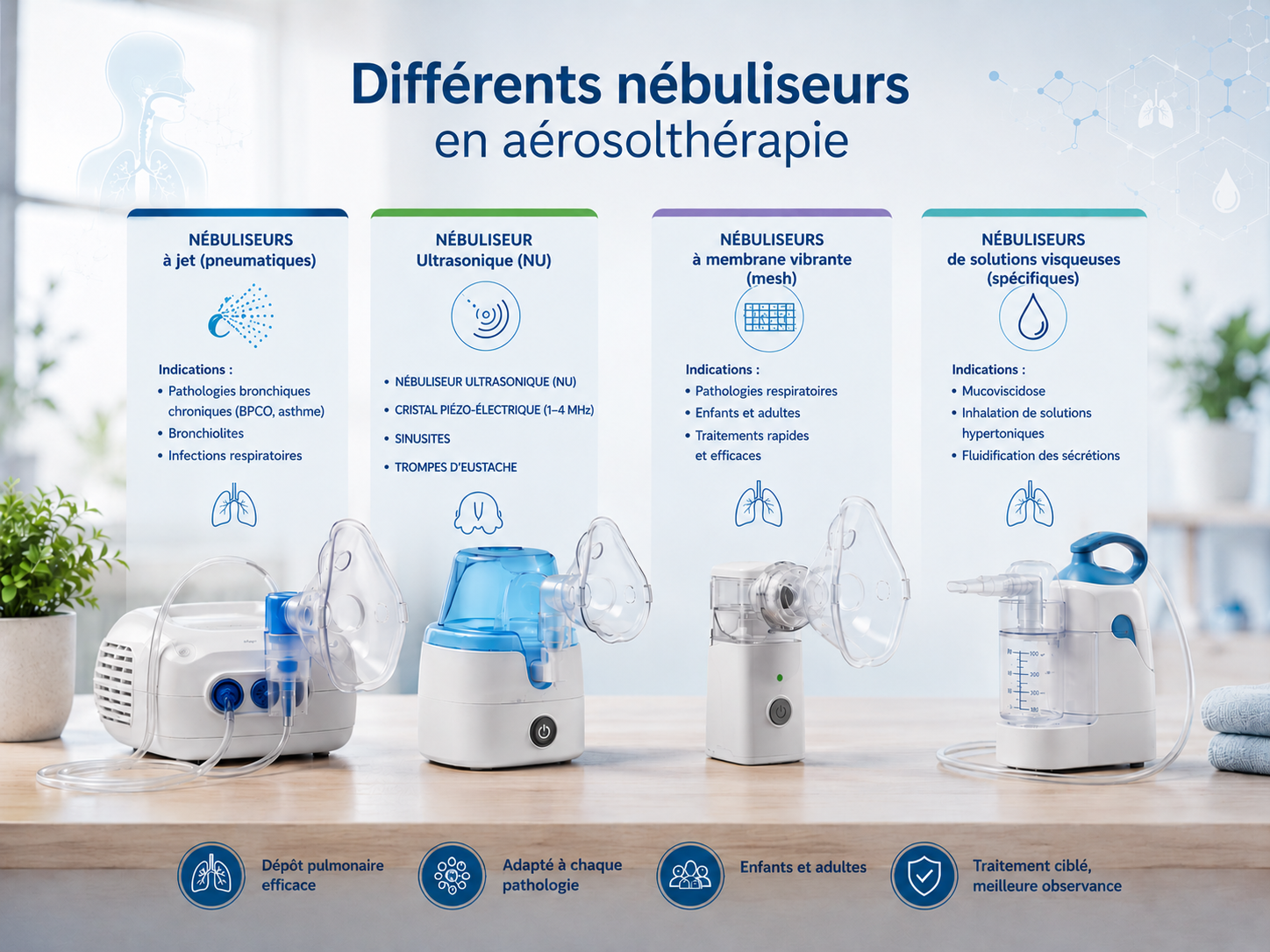 schéma des différents nébuliseurs et leur indication thérapeutique en aérosolthérapie