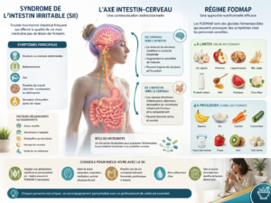 schéma explicatif du syndrome de l'intestin irritable, axe intestin-cerveau et régime FODMAP