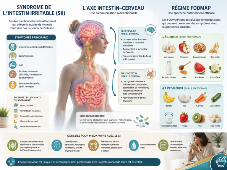 schéma explicatif du syndrome de l'intestin irritable, axe intestin-cerveau et régime FODMAP