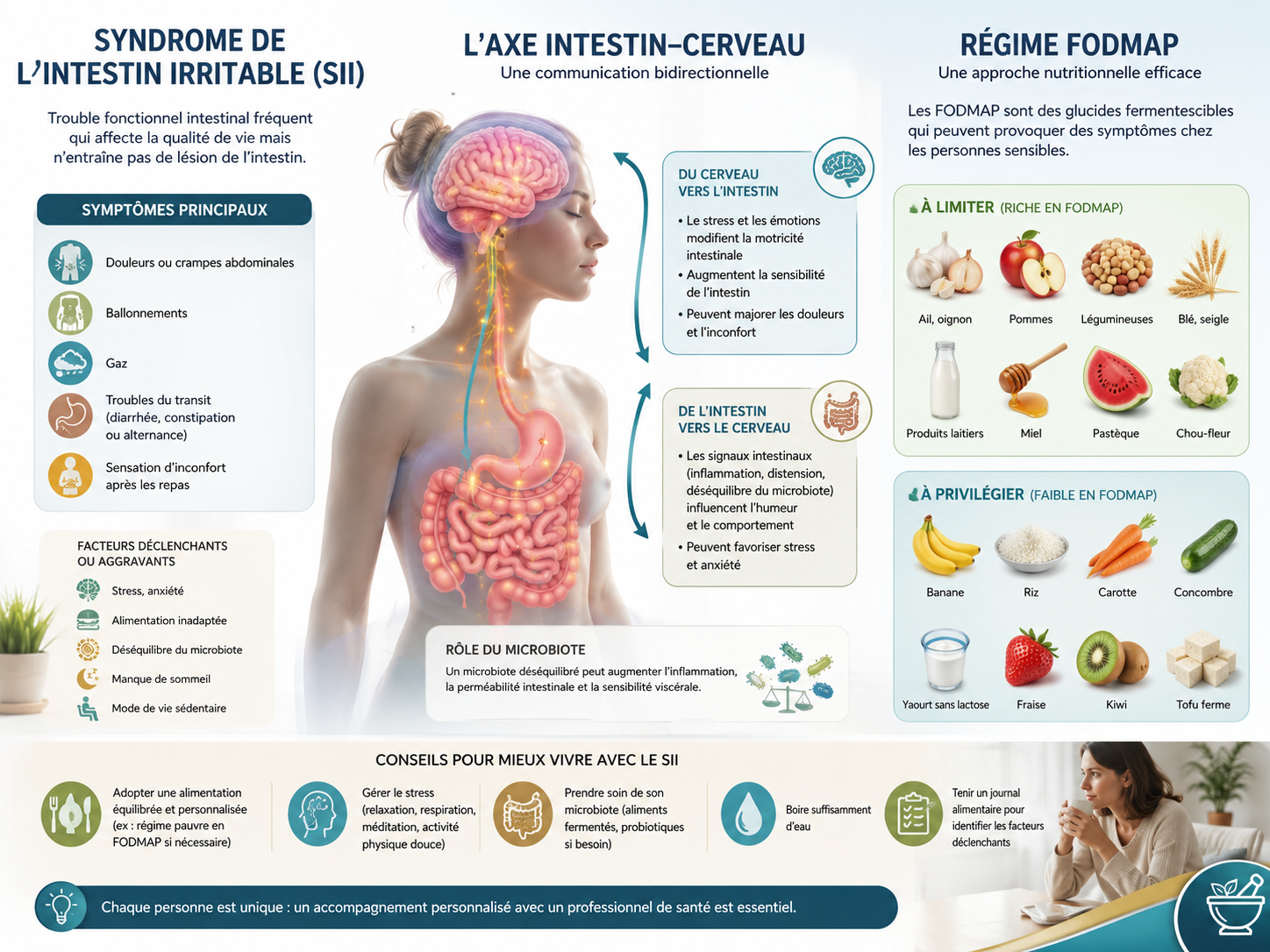schéma explicatif du syndrome de l'intestin irritable, axe intestin-cerveau et régime FODMAP