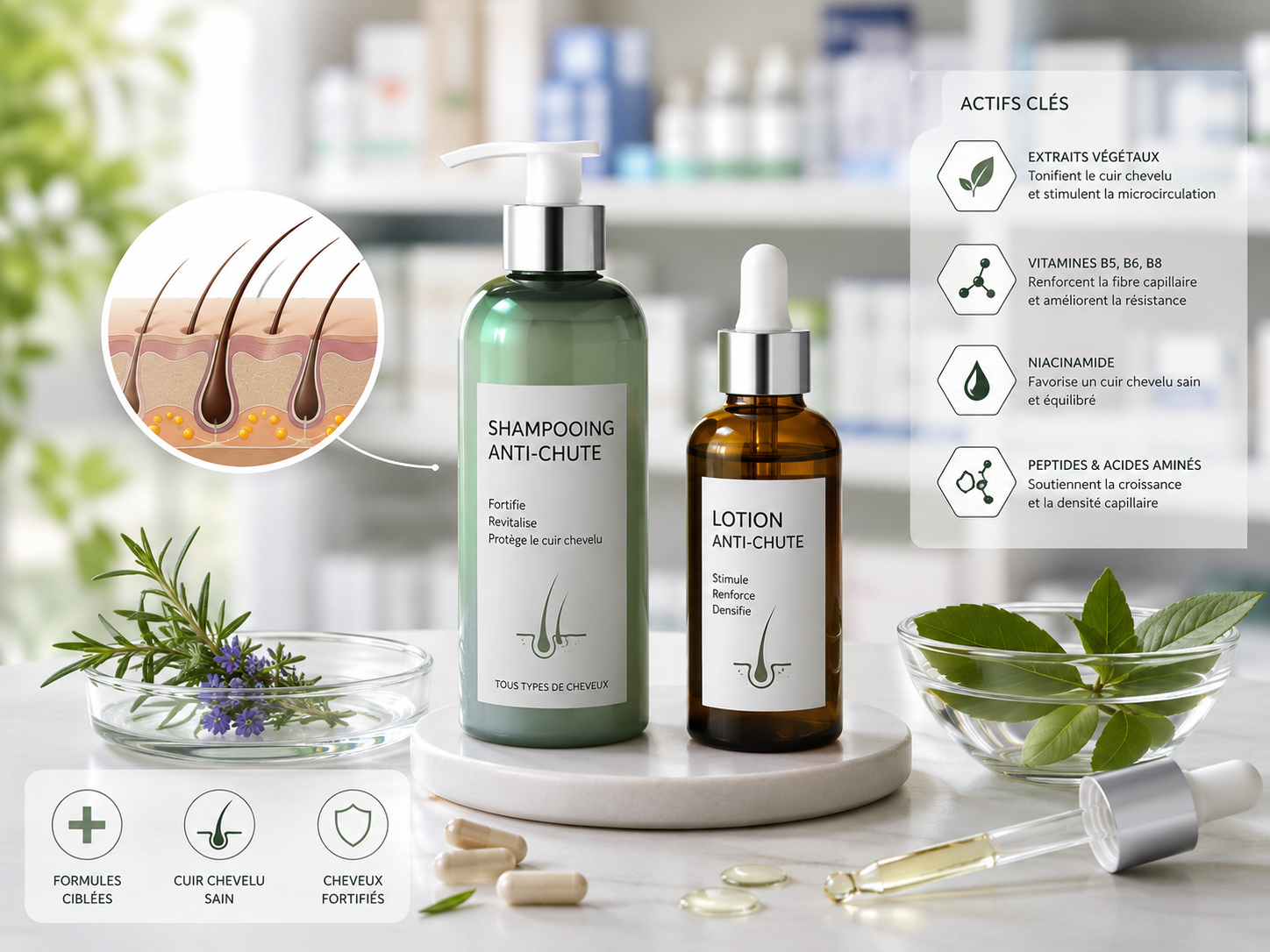 soins anti-chute cheveux shampoing lotion actifs pharmacie