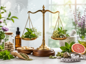 Illustration d'une balance entourée de plantes médicinales et de compléments naturels pour la minceur