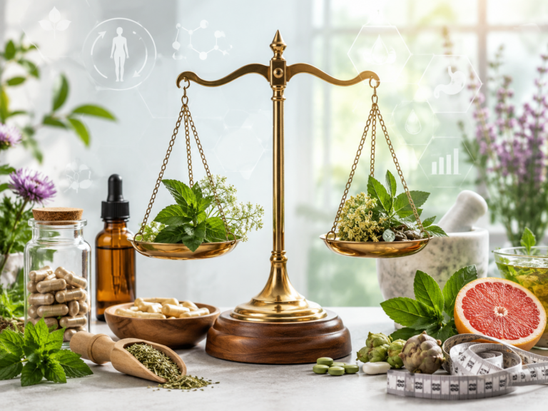 Illustration d'une balance entourée de plantes médicinales et de compléments naturels pour la minceur