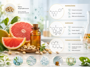 Schéma des composés bioactifs de l'extrait de pépins de pamplemousse (naringénine, naringine, furanocoumarines)