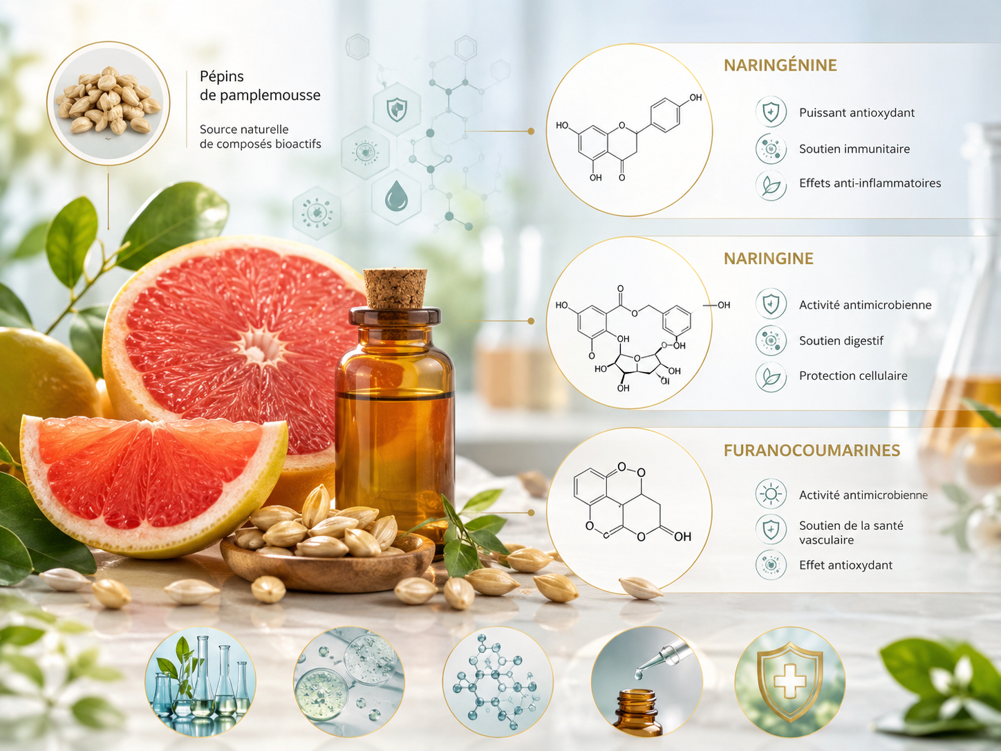 Schéma des composés bioactifs de l'extrait de pépins de pamplemousse (naringénine, naringine, furanocoumarines)