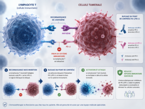 Schéma représentant un lymphocyte T reconnaissant et attaquant une cellule tumorale grâce au blocage du point de contrôle PD-1PD-L1