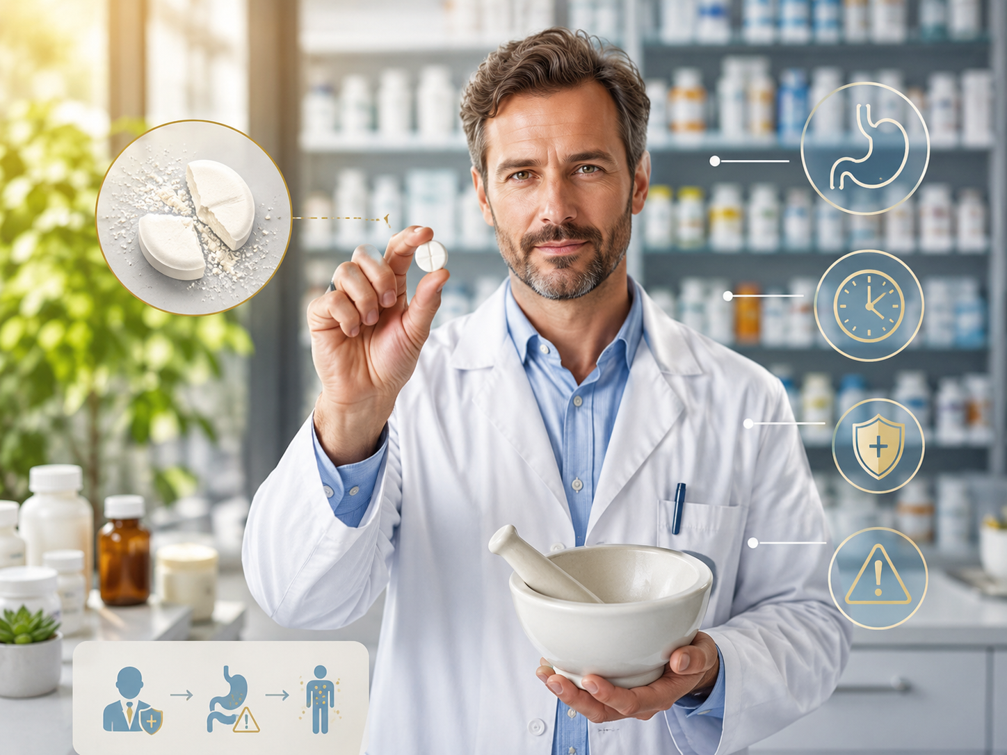 Pharmacien tenant un mortier et un comprimé avant broyage, illustration des risques liés à l'écrasement des médicaments