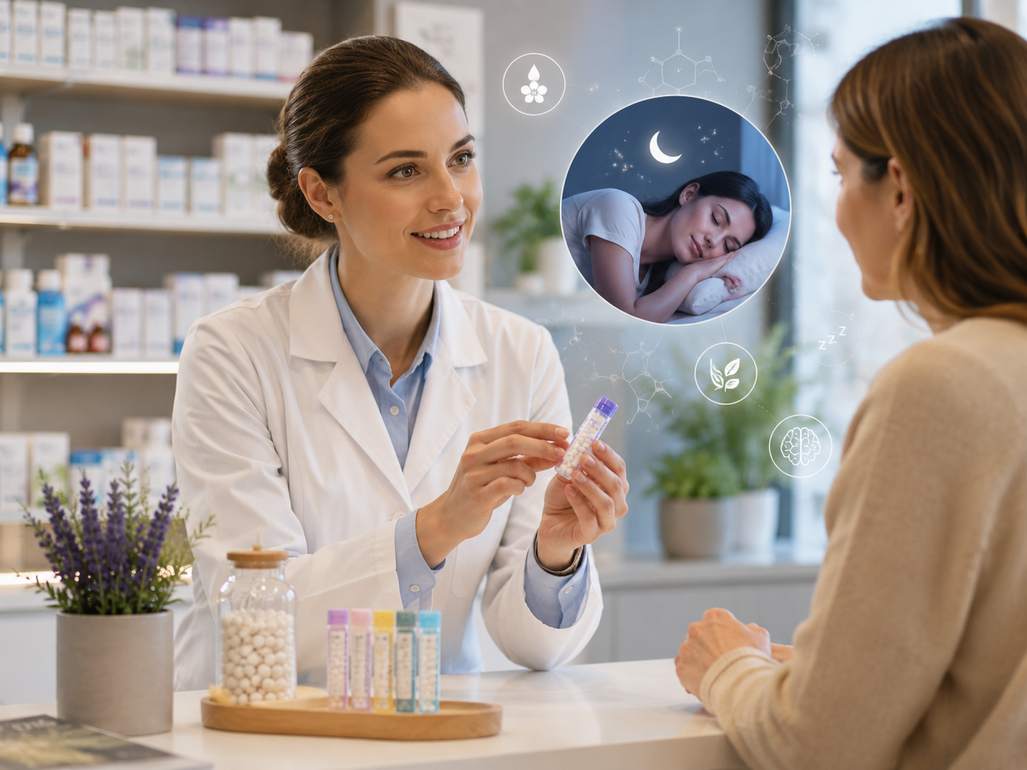 Pharmacienne conseillant des granules homéopathiques pour le sommeil à une patiente
