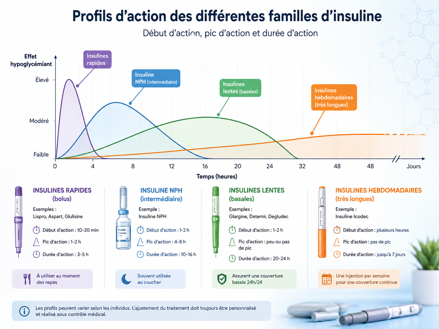 Schéma des profils d'action des différentes familles d'insuline (rapide, NPH, lente, hebdomadaire)