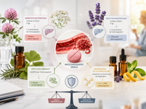 anticoagulants oraux interactions plantes et huiles essentielles — schéma mécanismes
