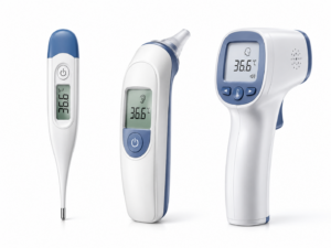Différents types de thermomètres médicaux alignés sur fond blanc — électronique, auriculaire infrarouge, frontal sans contact
