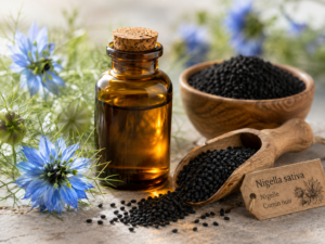 Huile végétale de nigelle, Nigella sativa, graines noires de cumin noir