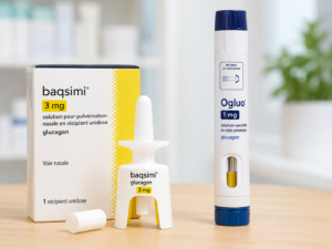 Dispositifs de glucagon nasal Baqsimi et stylo Ogluo côte à côte