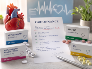 ordonnance et médicaments du traitement après un infarctus du myocarde bêtabloquant, antiagrégant, statine, IEC