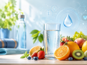 Verre d'eau et fruits frais illustrant une bonne hydratation quotidienne