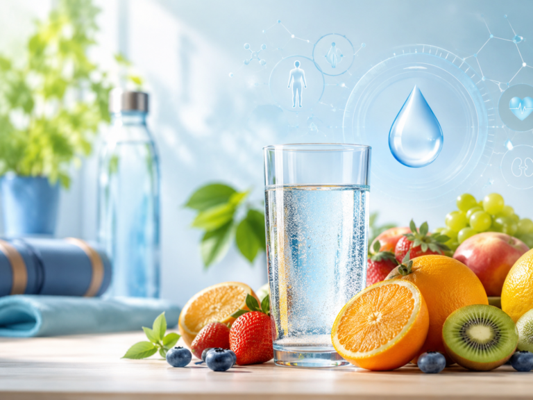 Verre d'eau et fruits frais illustrant une bonne hydratation quotidienne