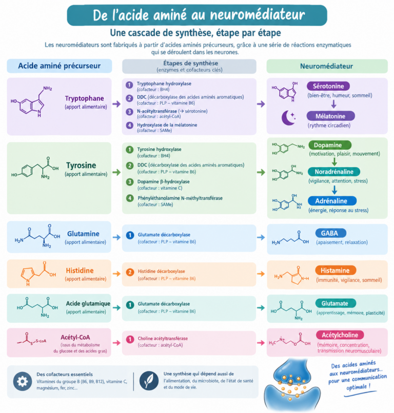 Schéma illustrant la cascade de synthèse des neuromédiateurs à partir des acides aminés précurseurs
