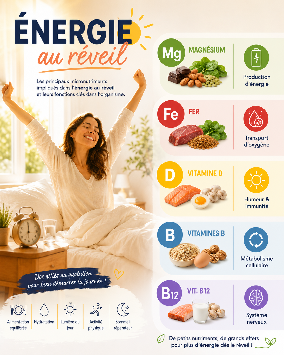 énergie au réveil : schéma des micronutriments clés — magnésium, fer, vitamines B, vitamine D
