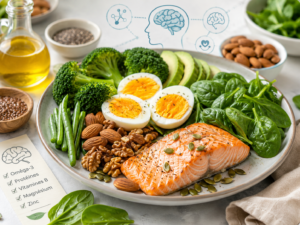 Assiette équilibrée avec poisson gras, œufs, légumes verts et oléagineux illustrant l'alimentation adaptée au TDAH