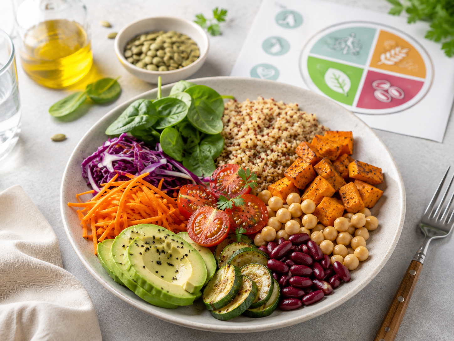 Assiette végétarienne colorée avec légumineuses, légumes et céréales complètes symbolisant l'équilibre nutritionnel
