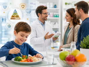 Enfant à table avec assiette équilibrée, pharmacien conseillant des parents en officine