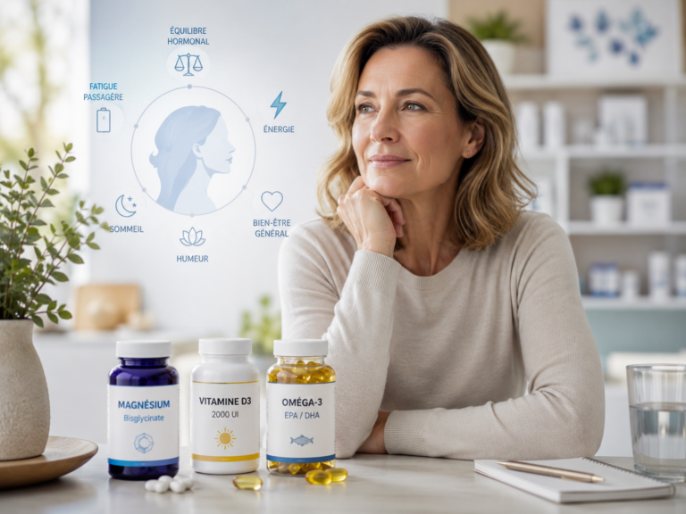 Femme en périménopause avec compléments de magnésium, vitamine D3 et oméga-3 posés sur une table, illustration conseil pharmacien