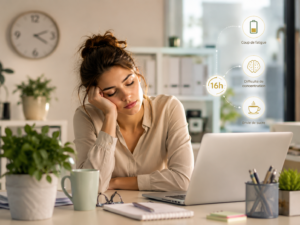 Femme fatiguée en fin d'après-midi au bureau, coup de barre de 16h