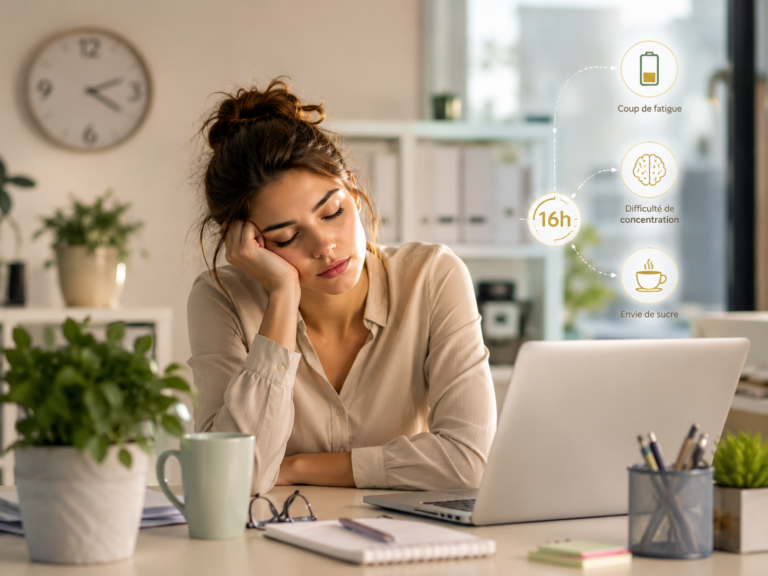 Femme fatiguée en fin d'après-midi au bureau, coup de barre de 16h