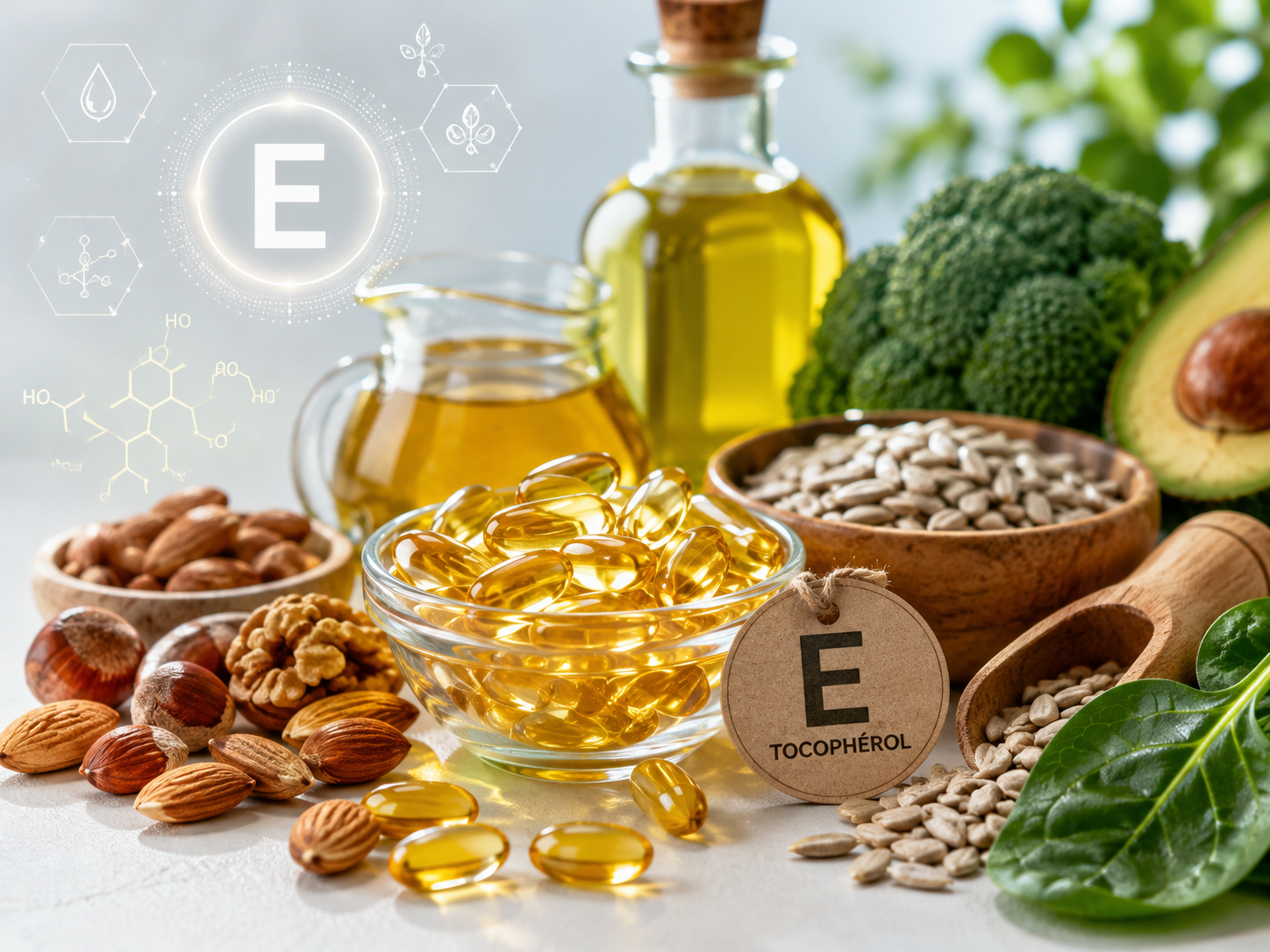 Gélules de vitamine E et aliments riches en tocophérol (huiles, oléagineux, légumes verts)