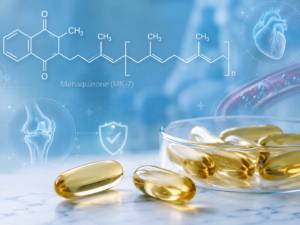 Gélules de vitamine K2 et molécule de ménaquinone représentée en surimpression sur un fond bleu médical