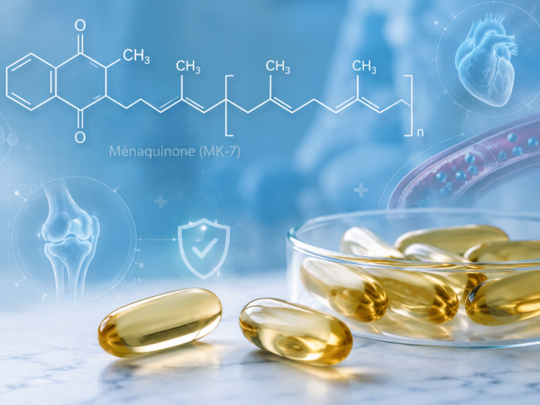 Gélules de vitamine K2 et molécule de ménaquinone représentée en surimpression sur un fond bleu médical