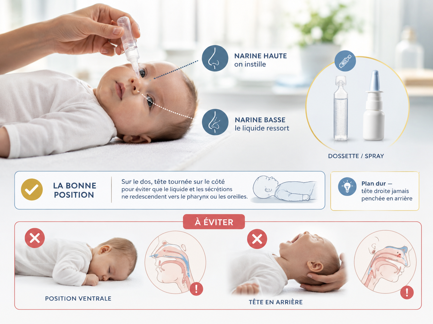 Guide illustré du lavage de nez chez le bébé : position sur le dos, tête tournée sur le côté, instillation dans la narine supérieure et écoulement par la narine inférieure