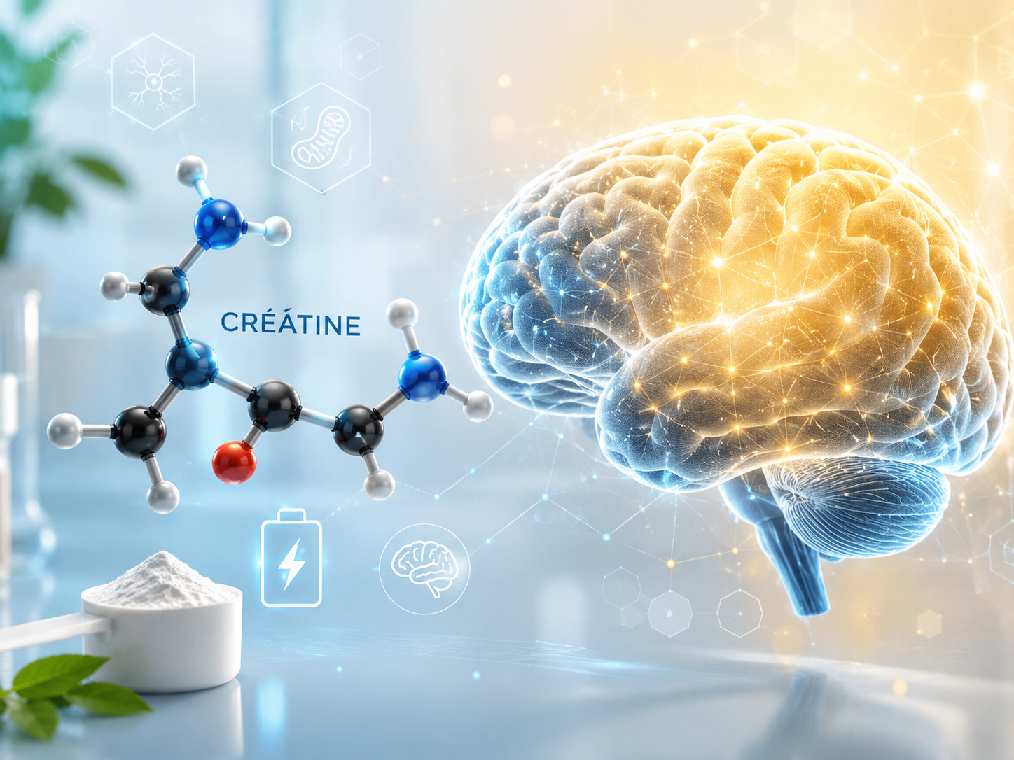 Molécule de créatine stylisée à côté d'un cerveau stylisé symbolisant l'énergie cognitive