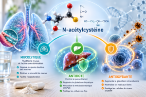 Molécule de N-acétylcystéine et ses trois voies d'action, mucolytique, antidote et antioxydante, illustration médicale