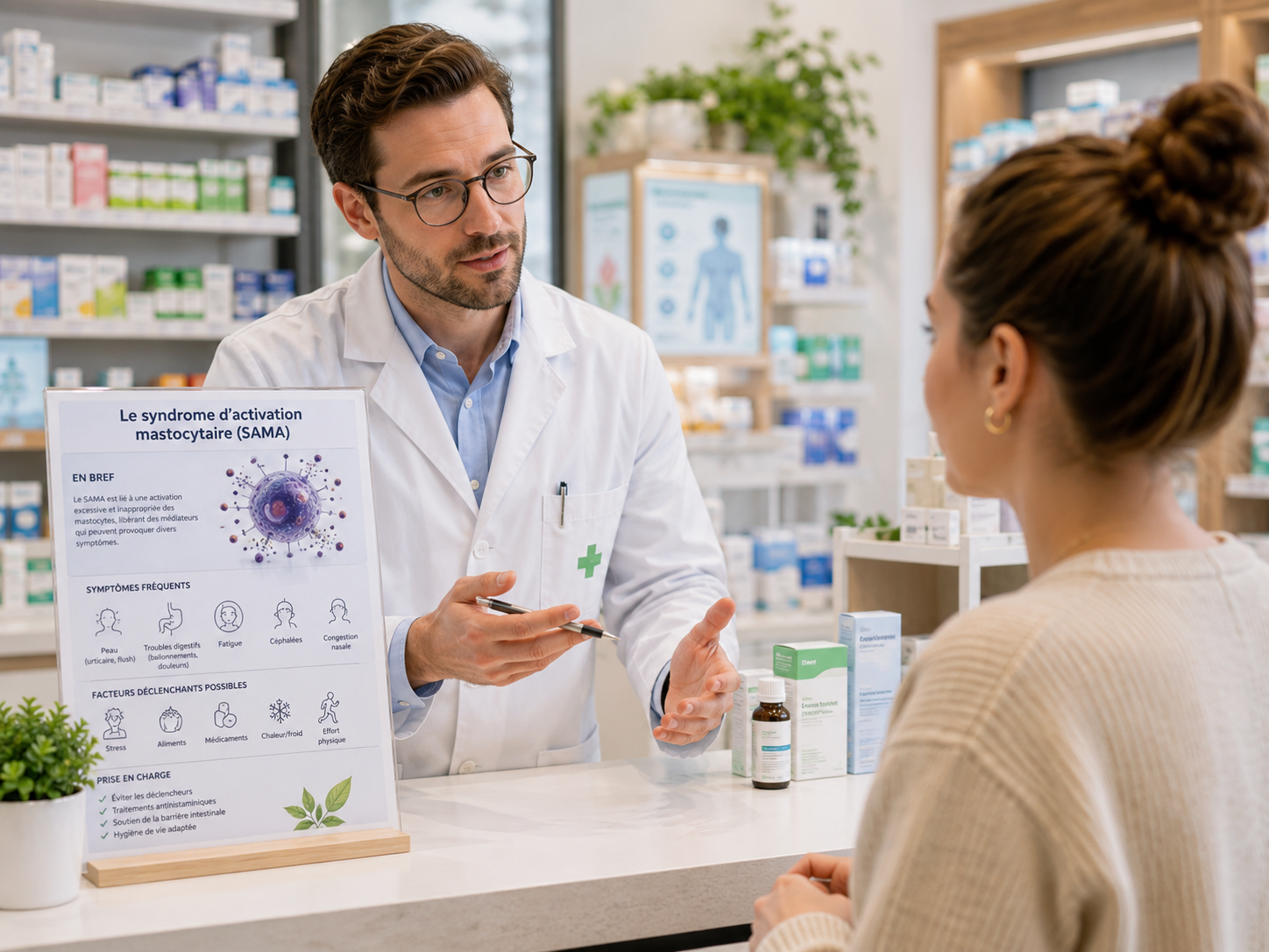Pharmacien expliquant le syndrome d'activation mastocytaire (SAMA) à un patient au comptoir d'officine