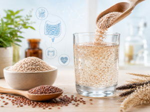 Poudre et graines de psyllium (ispaghul) versées dans un verre d'eau