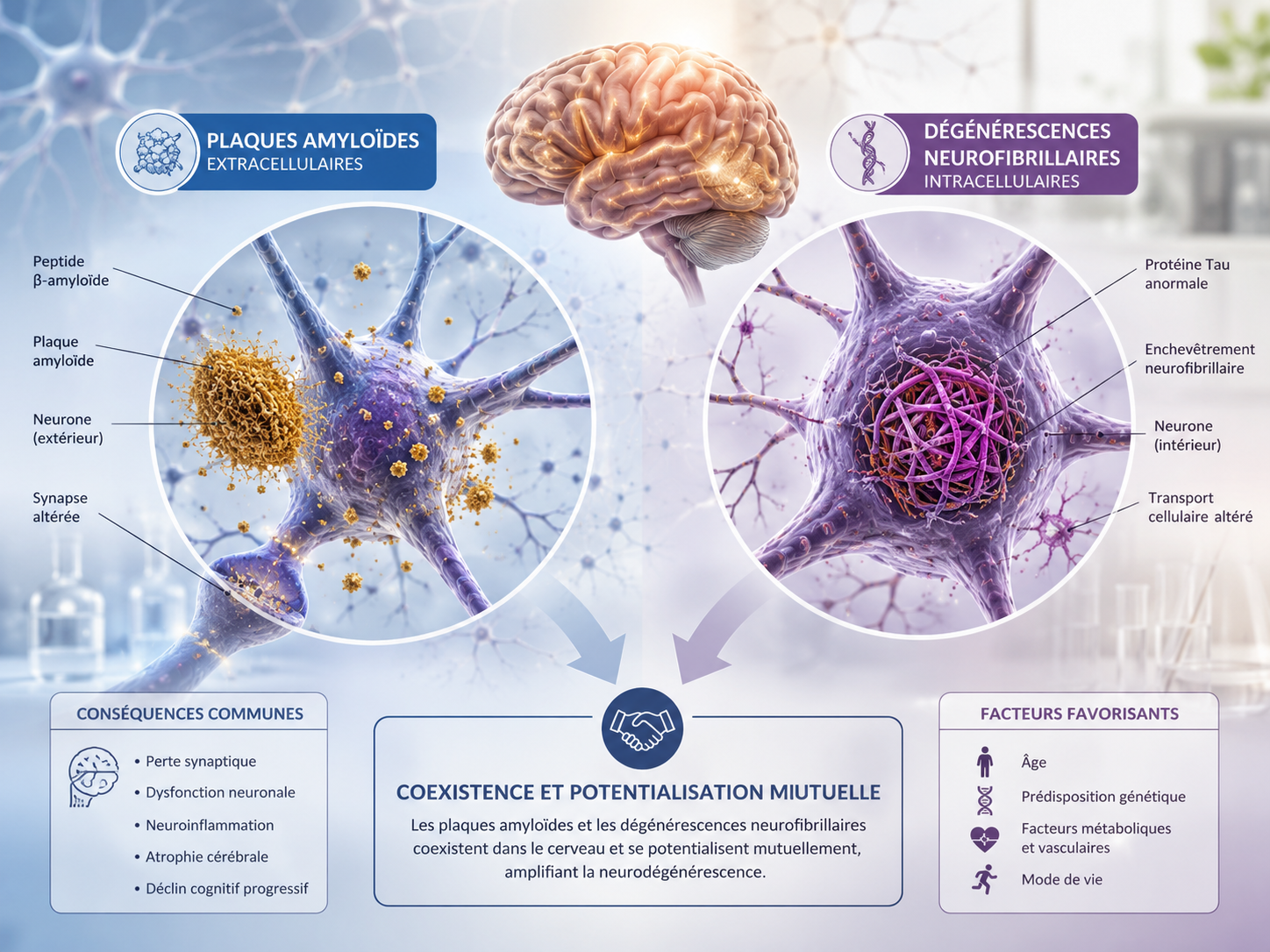 Schéma comparatif des lésions dans la maladie d'Alzheimer : plaques amyloïdes extracellulaires et dégénérescences neurofibrillaires intracellulaires