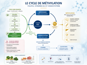 Schéma du cycle de méthylation avec folates, vitamine B12 et homocystéine