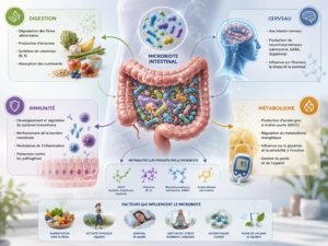 Schéma du microbiote intestinal et de ses interactions avec la digestion, l'immunité, le métabolisme et le cerveau