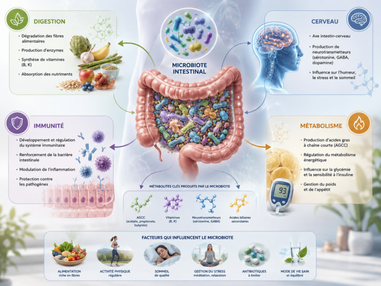 Schéma du microbiote intestinal et de ses interactions avec la digestion, l'immunité, le métabolisme et le cerveau