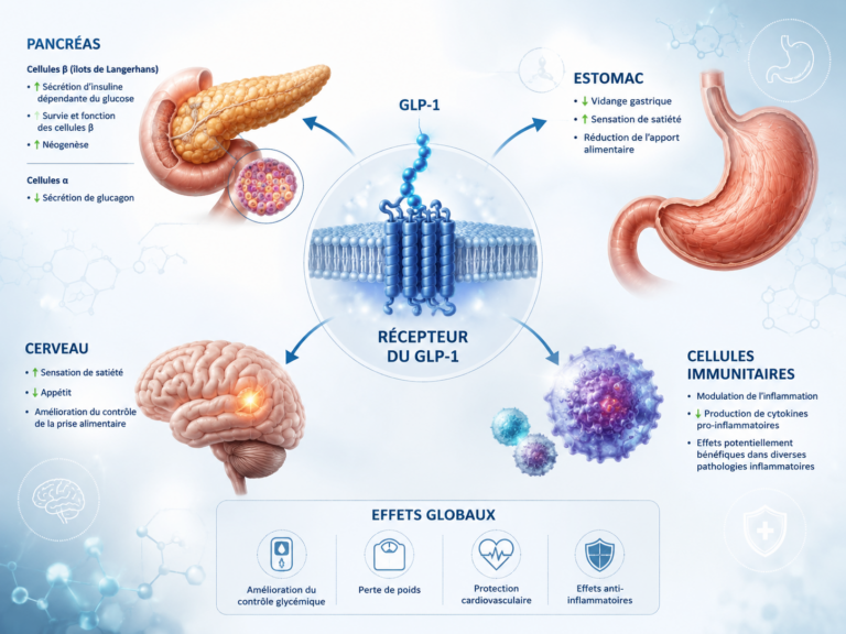 Schéma illustrant le récepteur du GLP-1 et ses cibles dans l'organisme (pancréas, estomac, cerveau, cellules immunitaires)