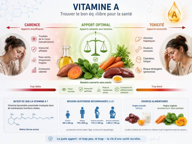 Schéma pharmacie illustrant l'équilibre carence-apport optimal-toxicité de la vitamine A