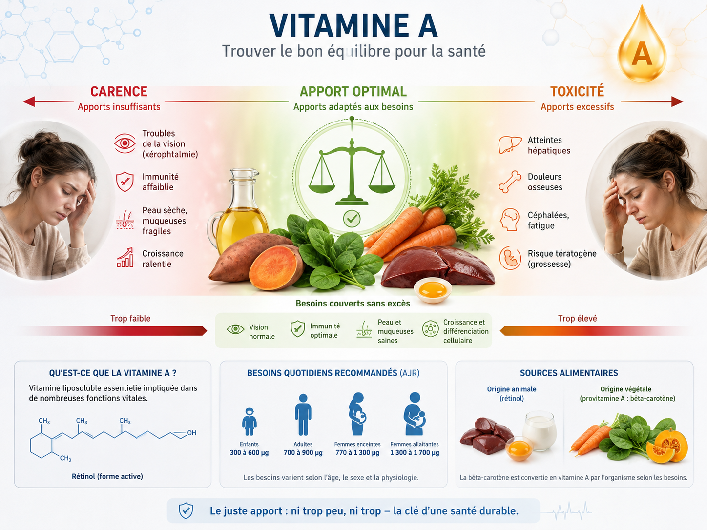 Schéma pharmacie illustrant l'équilibre carence-apport optimal-toxicité de la vitamine A