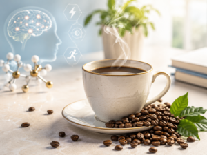 Tasse de café fumante sur fond clair avec grains de café, illustrant un article santé sur la caféine