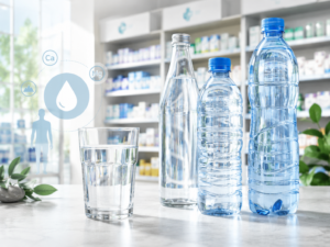 Verre d'eau et bouteilles d'eau minérale sur fond de comptoir de pharmacie, illustrant le choix d'une eau de boisson